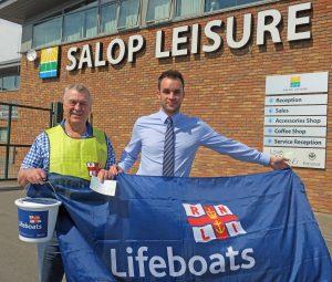 RNLI Shrewsbury branch chairman Peter Long with Salop Leisure marketing manager Ed Glover