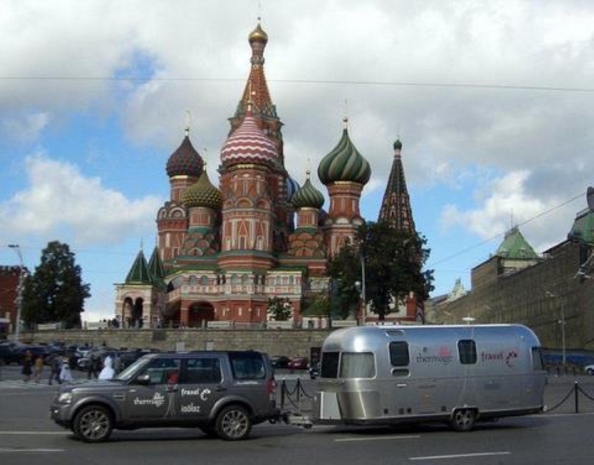 The Airstream travel trailer made a stop outside the Kremlin in Moscow