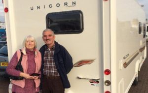 Sue and Roger collect their repaired caravan