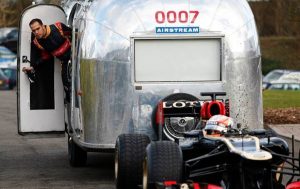 Pastor Maldonado takes his seat in an Airstream
