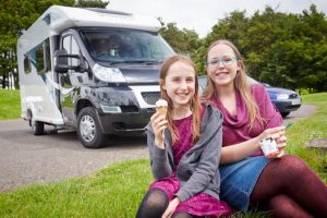 Jo and daughter Belle enjoy a break from learning how to operate their Bailey motorhome