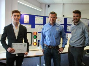 Grand designs: Bangor University's Adam Edwards with The Fifth Wheel Company's Adam and Gethin