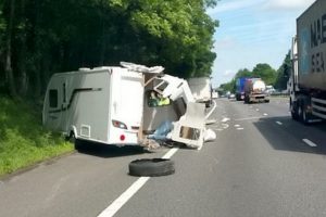 Caravan is left in tatters after a collision with a lorry on the M6 motorway