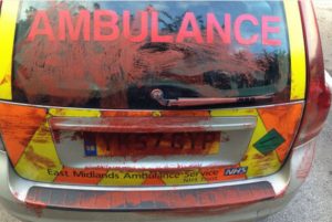 Paramedic's vehicle covered in red paint and faeces
