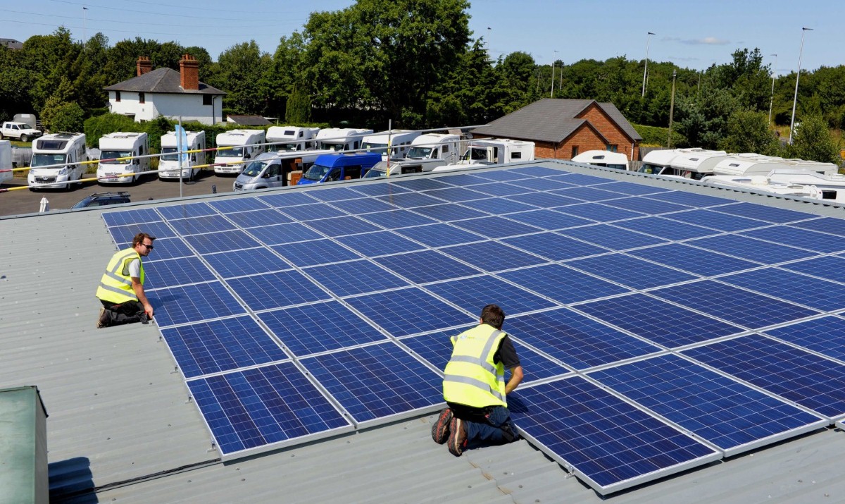 Solar PV system being installed by Surespark Energy on the roof of Salop Leisure headquarters