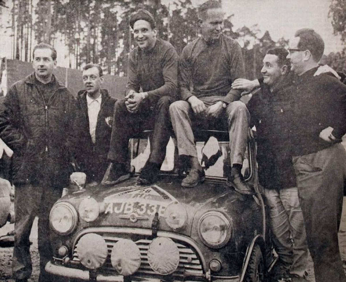 Paddy Hopkirk and friends at the 1965 1,000 Lakes Rally