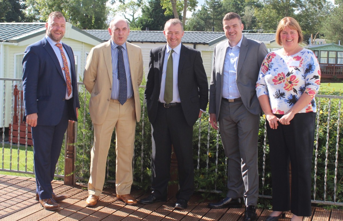 Simon Hart MP (centre) with from left, branch director and BH&HPA vice chairman Huw Pendleton; BH&HPA national chairman Henry Wild; branch chairman Thomas Scarrott, and branch secretary Gail Thomas