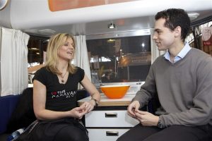 Caravan Times editor Marcus Dubois chats to Linda Barker inside an Airstream 534
