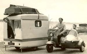 Ken with his on screen family towing the folding caravan