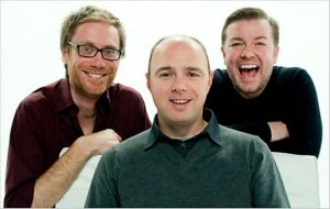 Karl Pilkington (centre) is best known for his radio work alongside Ricky Gervais
