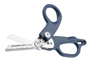 A pair of foldable Raptor Response emergency shears from Leatherman