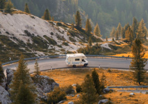 A motorhome on a road in the countryside