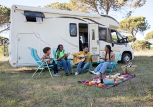 Family fun in front of a motorhome