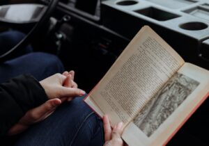 A book being read in the cab of a motorhome