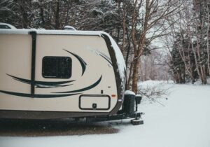 A caravan parked up in the snow