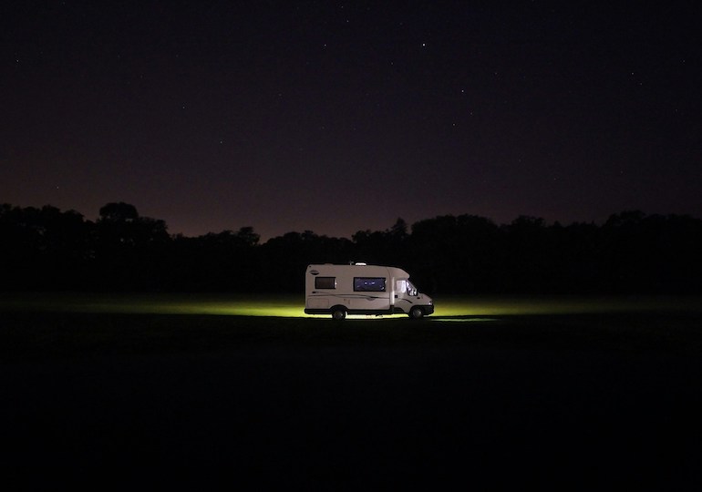 A motorhome at night