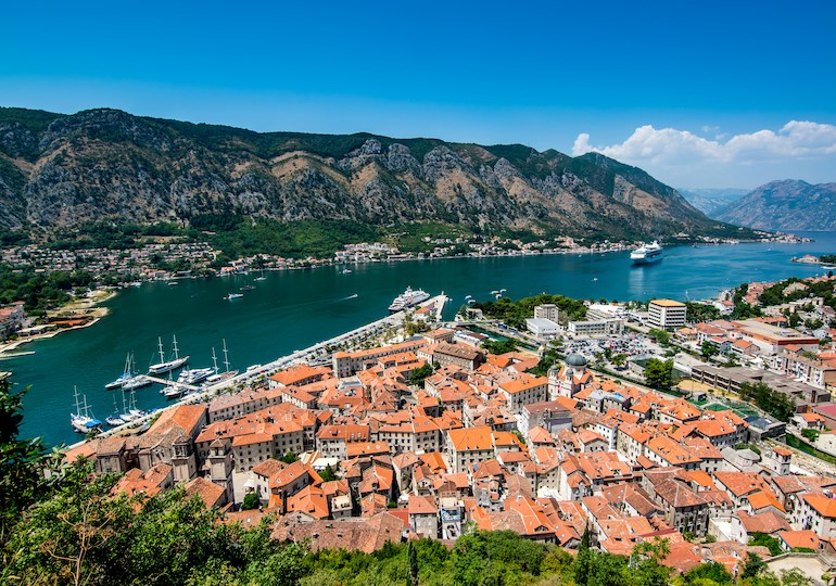 A view of the town, with the water beyond