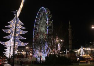A Ferris wheel and Christmas lights in Glasgow